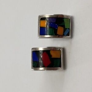 925 Modernist Sterling Silver 1" Earrings Inlay Wearable Art Colorful Jewelry